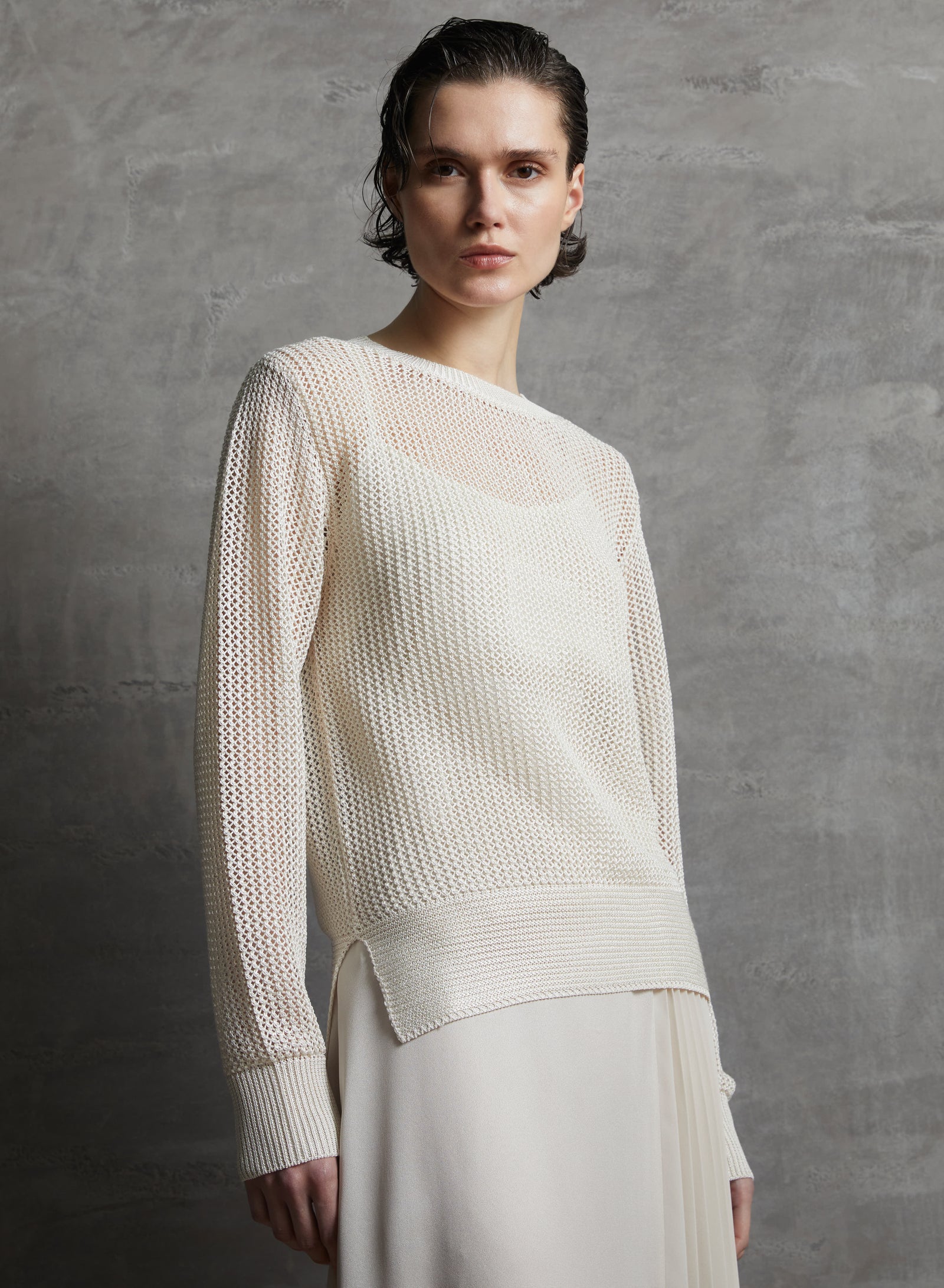 LINKS AND MESH STITCHED VISCOSE SWEATER WITH SEQUINS