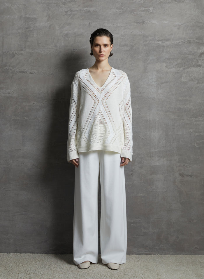 MAGLIA IN COTONE, LINO E SETA CON DISEGNO A ROMBI IN CHEVRON