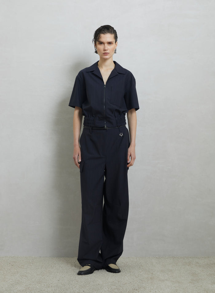 PINSTRIPE WOOL BOWLING SHIRT WITH ZIP