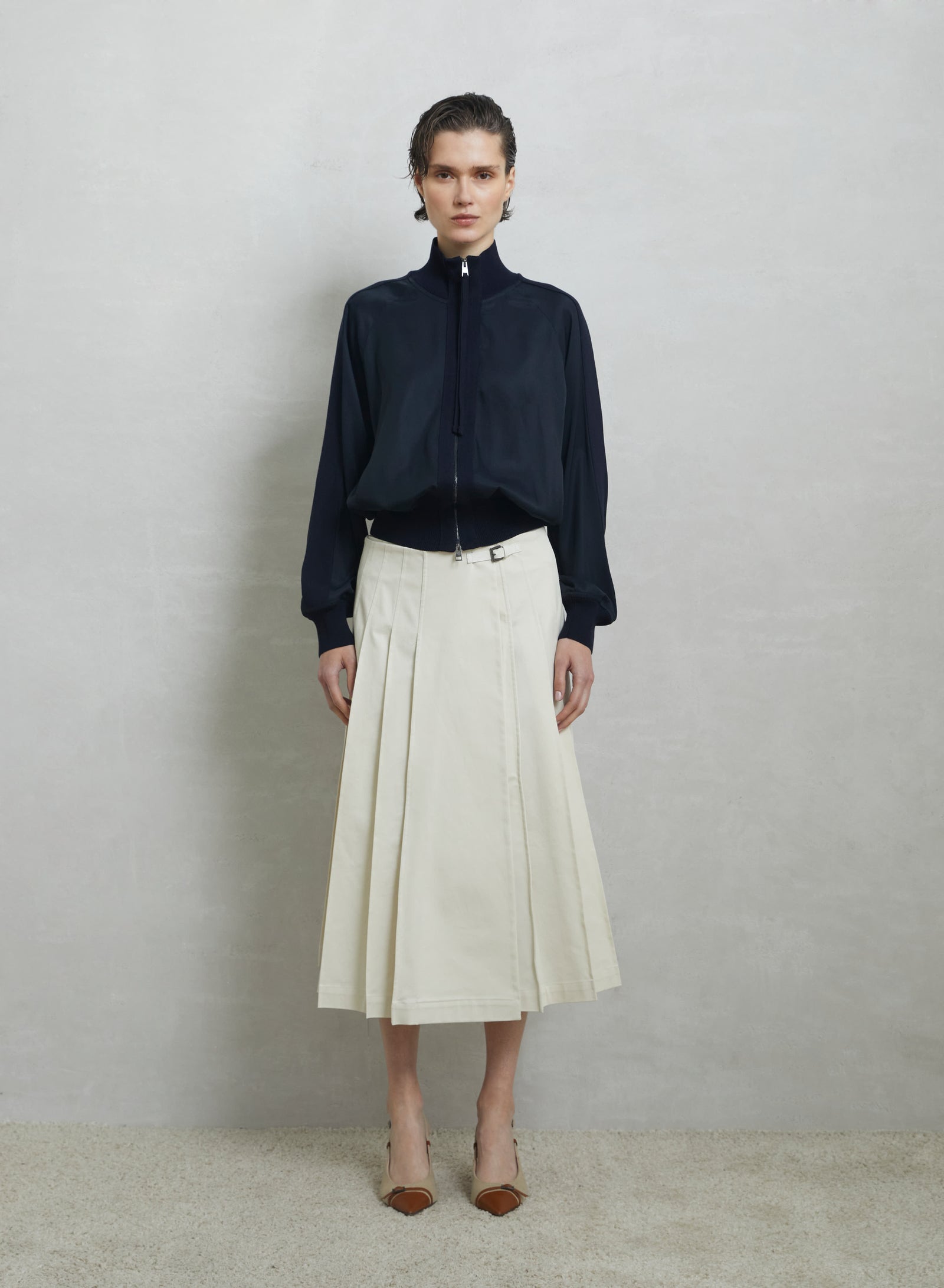 STRETCH COTTON CANVAS PLISSE MIDI SKIRT