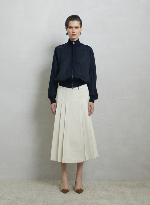 STRETCH COTTON CANVAS PLISSE MIDI SKIRT