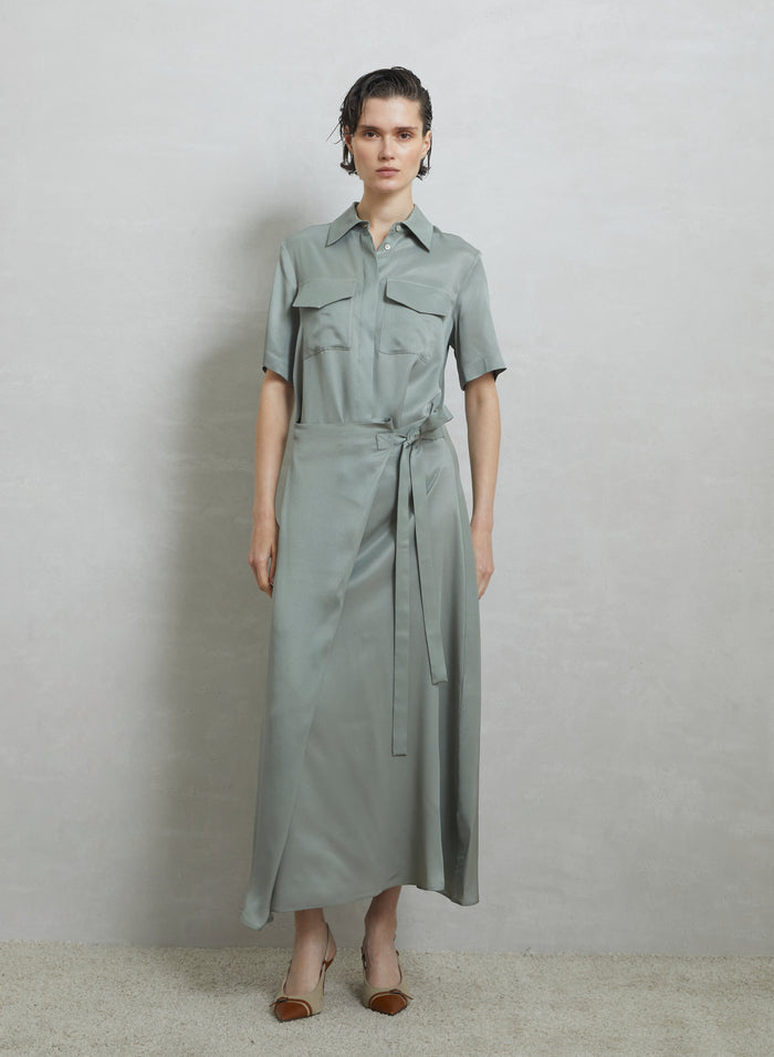 SILK BLEND TWILL CHEMISIER WRAP DRESS