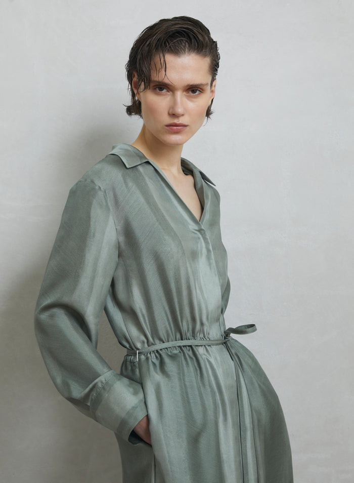 SILK TWILL PRINTED MIDI CHEMISIER DRESS