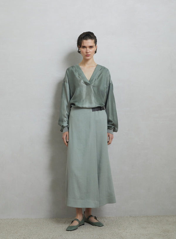 STRETCH LINEN AND VISCOSE MIDI WRAP SKIRT