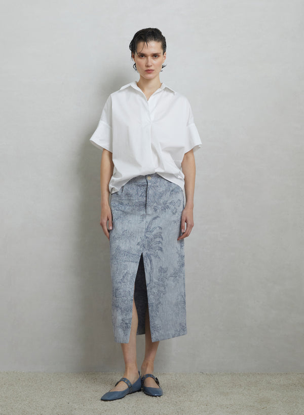 COTTON AND LINEN MIDI SKIRT WITH TOILE DE JOUY JACQUARD PRINT