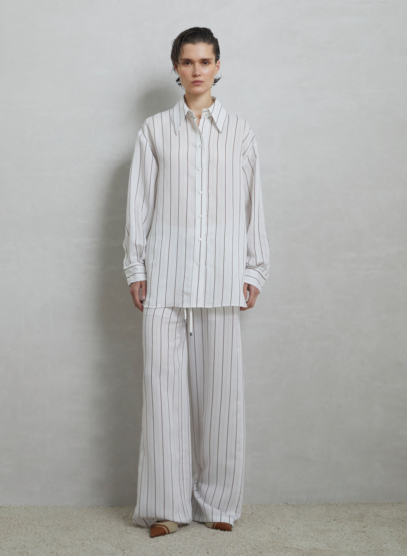 PANTALONI A GAMBA LARGA A RIGHE IN MISTO VISCOSA E SETA