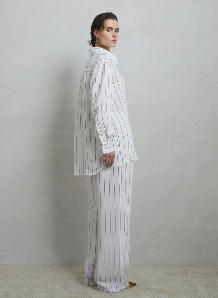 PANTALONI A GAMBA LARGA A RIGHE IN MISTO VISCOSA E SETA