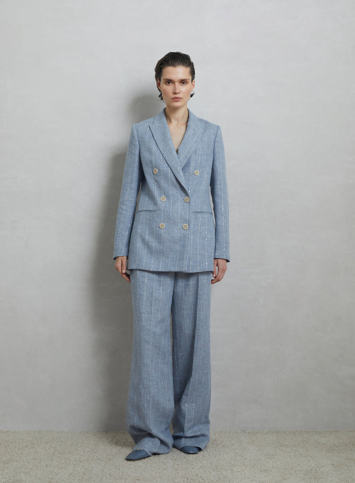 LINEN BLEND PANTS WITH SEQUINS PINSTRIPES