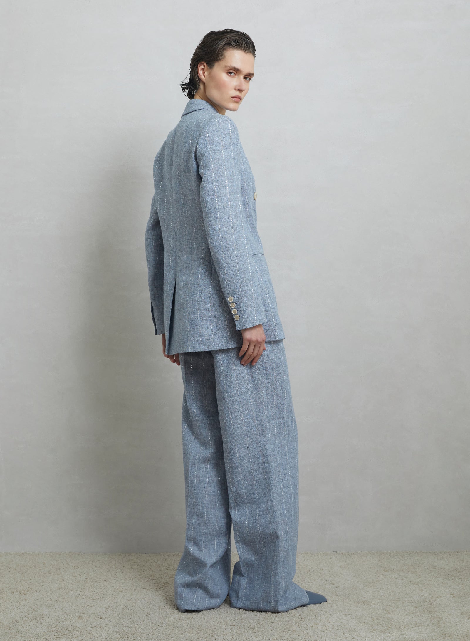 LINEN BLEND PANTS WITH SEQUINS PINSTRIPES