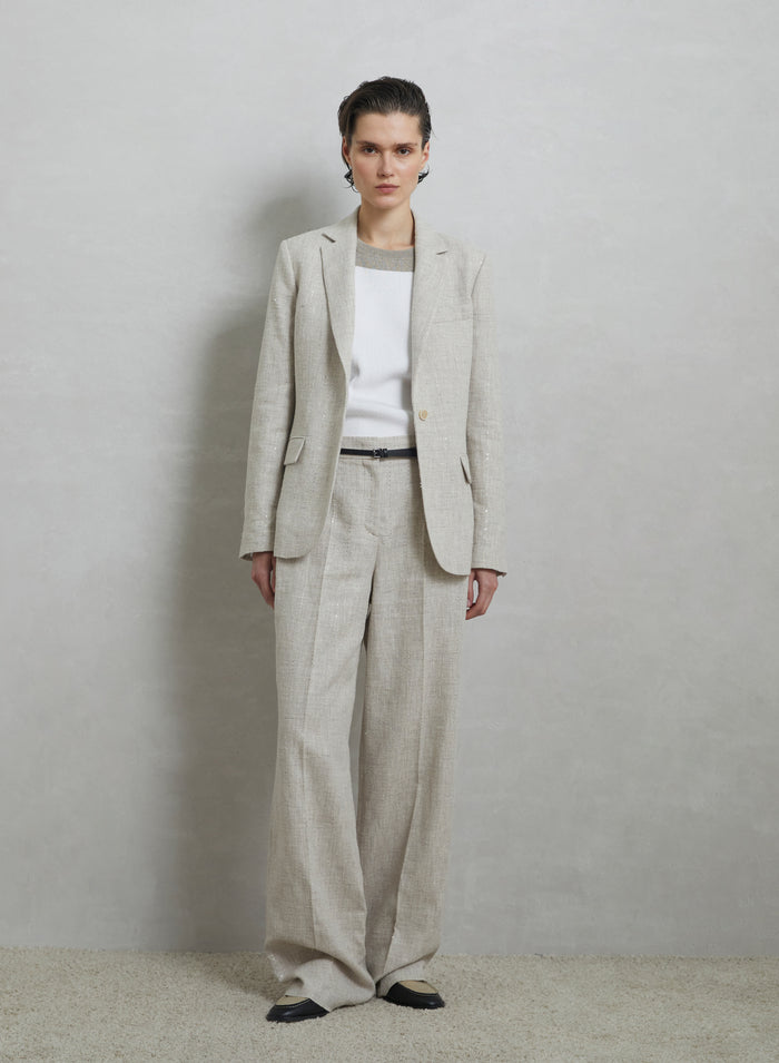 LINEN BLEND PANTS WITH SEQUINS PINSTRIPES