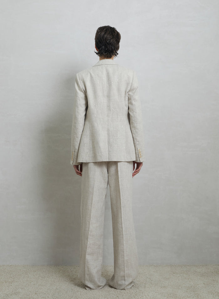 LINEN BLEND PANTS WITH SEQUINS PINSTRIPES