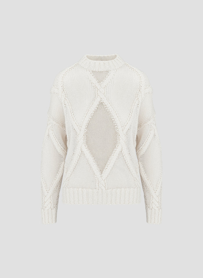 CABLE KNIT CREW-NECK SWEATER WITH DIAMOND PATTERN