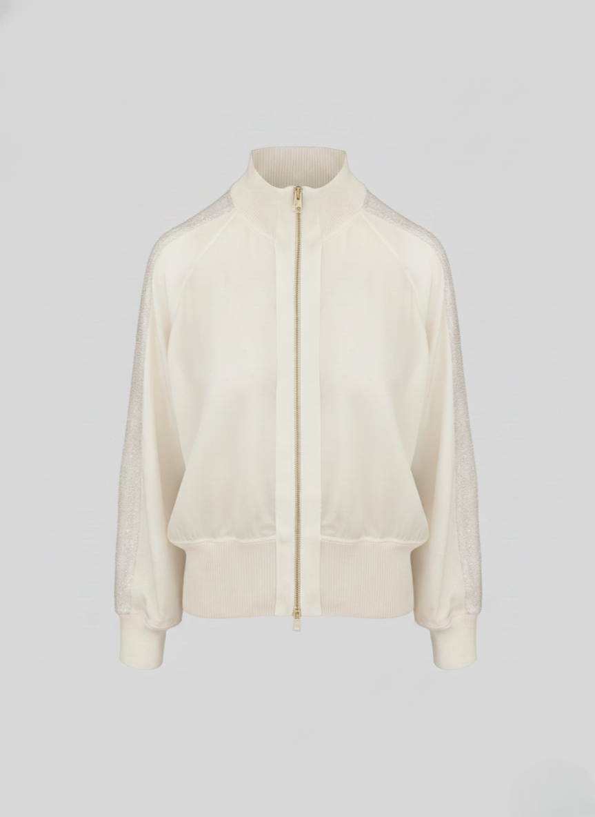 SILK BLEND TWILL BOMBER JACKET WITH MESH AND MICRO SEQUIN DETAILS