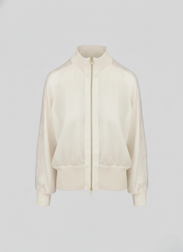 SILK BLEND TWILL BOMBER JACKET WITH MESH AND MICRO SEQUIN DETAILS