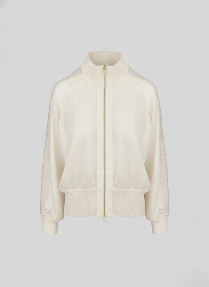 SILK BLEND TWILL BOMBER JACKET WITH MESH AND MICRO SEQUIN DETAILS