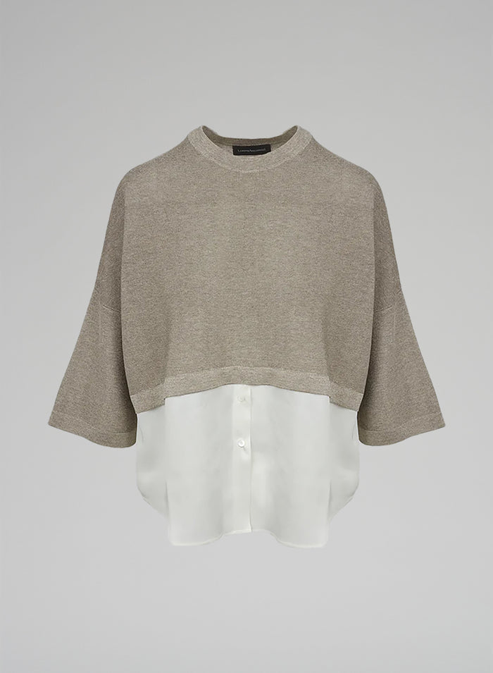 CREW NECK KNIT WITH SHIRT PANNEL