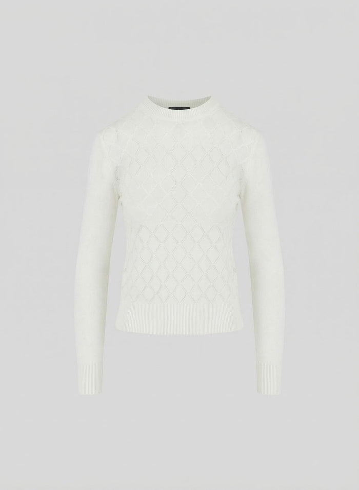 COTTON SWEATER WITH FRINGED RHOMBUS PATTERN