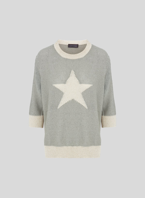 MAGLIA IN COTONE MORBIDO CON INSERTO PAILLETTES E INTARSIO A STELLA