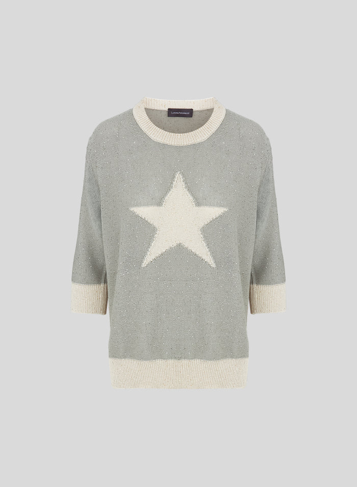 MAGLIA IN COTONE MORBIDO CON INSERTO PAILLETTES E INTARSIO A STELLA