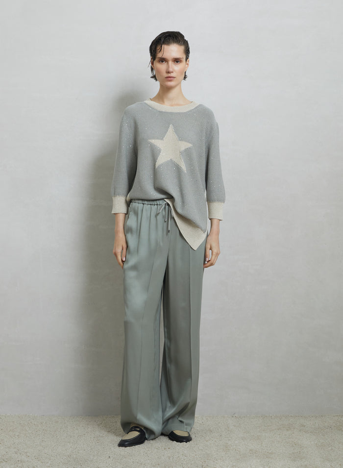 MAGLIA IN COTONE MORBIDO CON INSERTO PAILLETTES E INTARSIO A STELLA