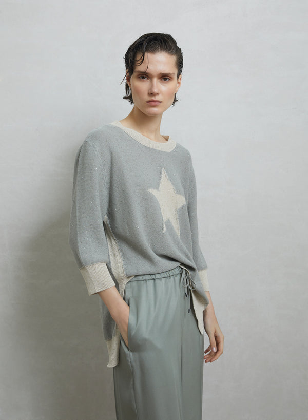 MAGLIA IN COTONE MORBIDO CON INSERTO PAILLETTES E INTARSIO A STELLA