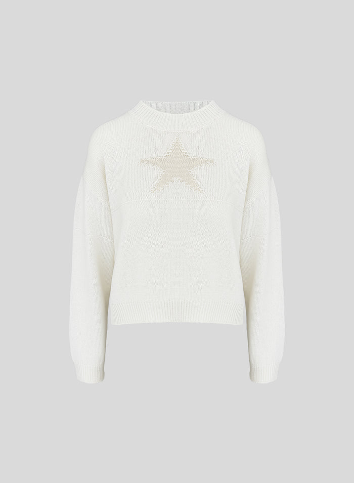 COTTON, LINEN AND SILK CREW NECK SWEATER WITH INTARSIA STAR DESIGN