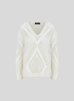 COTTON, LINEN AND SILK SWEATER WITH CHEVRON DIAMOND PATTERN