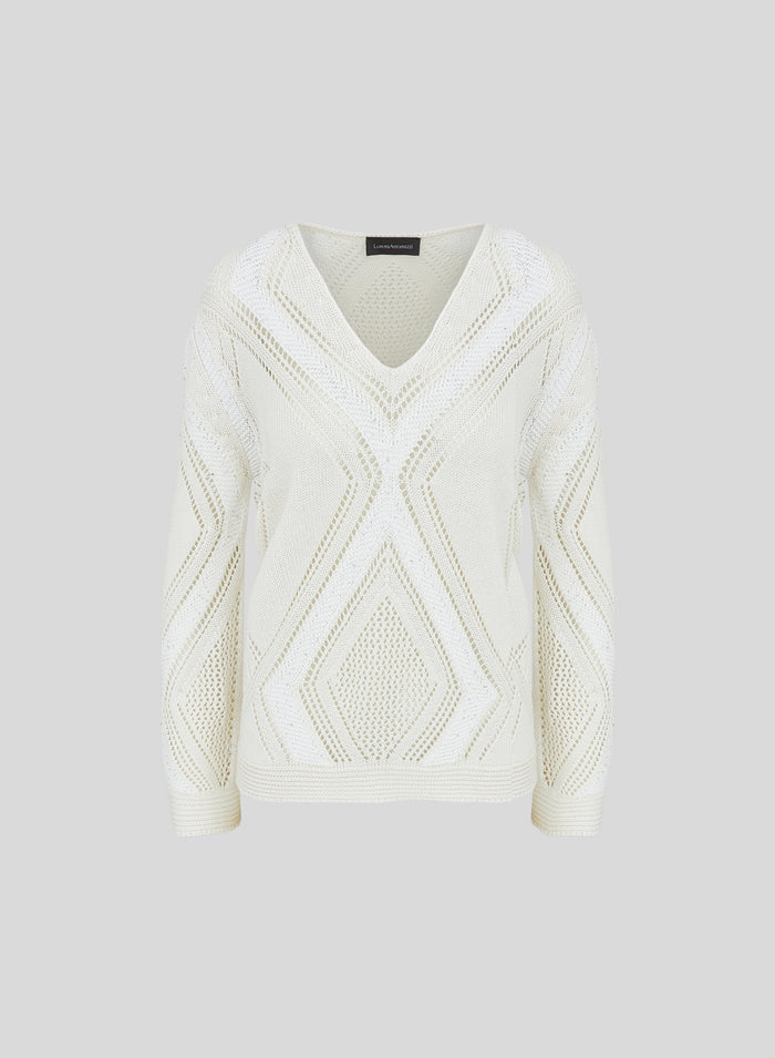 COTTON, LINEN AND SILK SWEATER WITH CHEVRON DIAMOND PATTERN