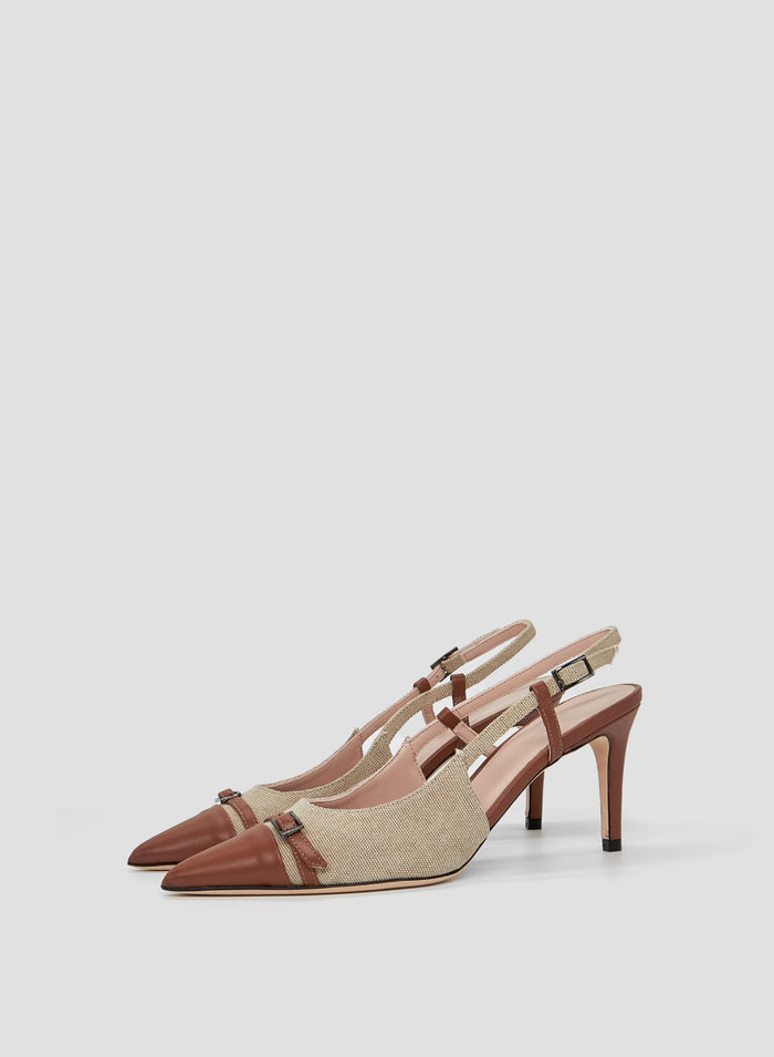 LEATHER AND CANVAS POINTED SLINGBACK