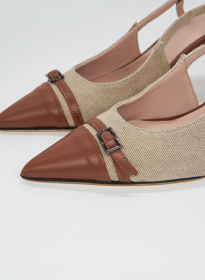 LEATHER AND CANVAS POINTED SLINGBACK