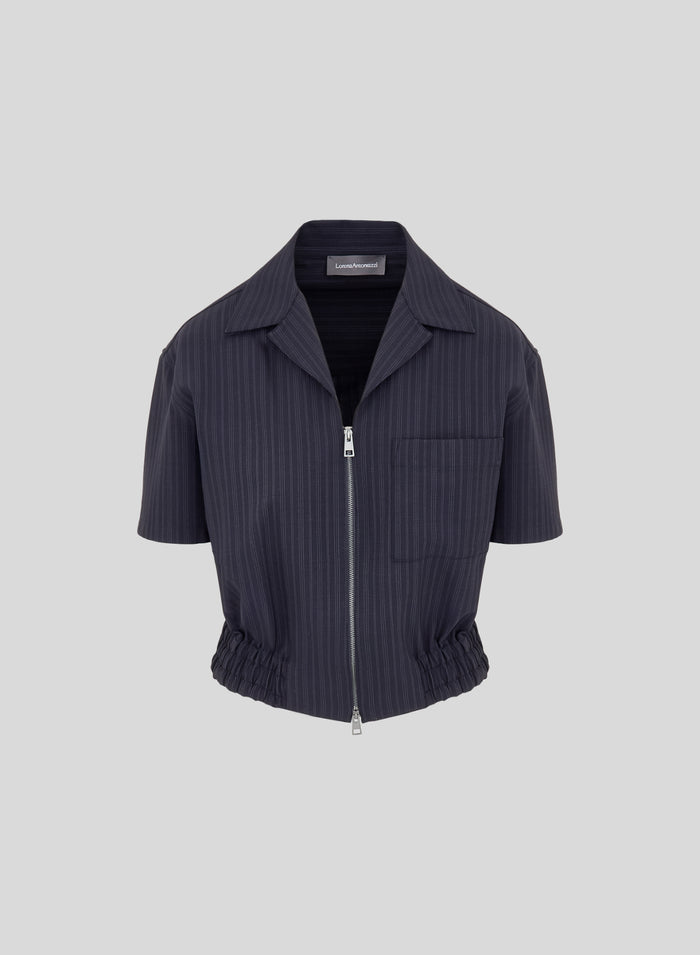 PINSTRIPE WOOL BOWLING SHIRT WITH ZIP
