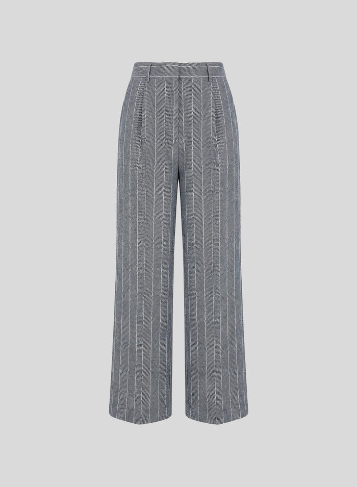 COTTON AND LINEN HERRINGBONE PINSTRIPED TAILORED PANTS