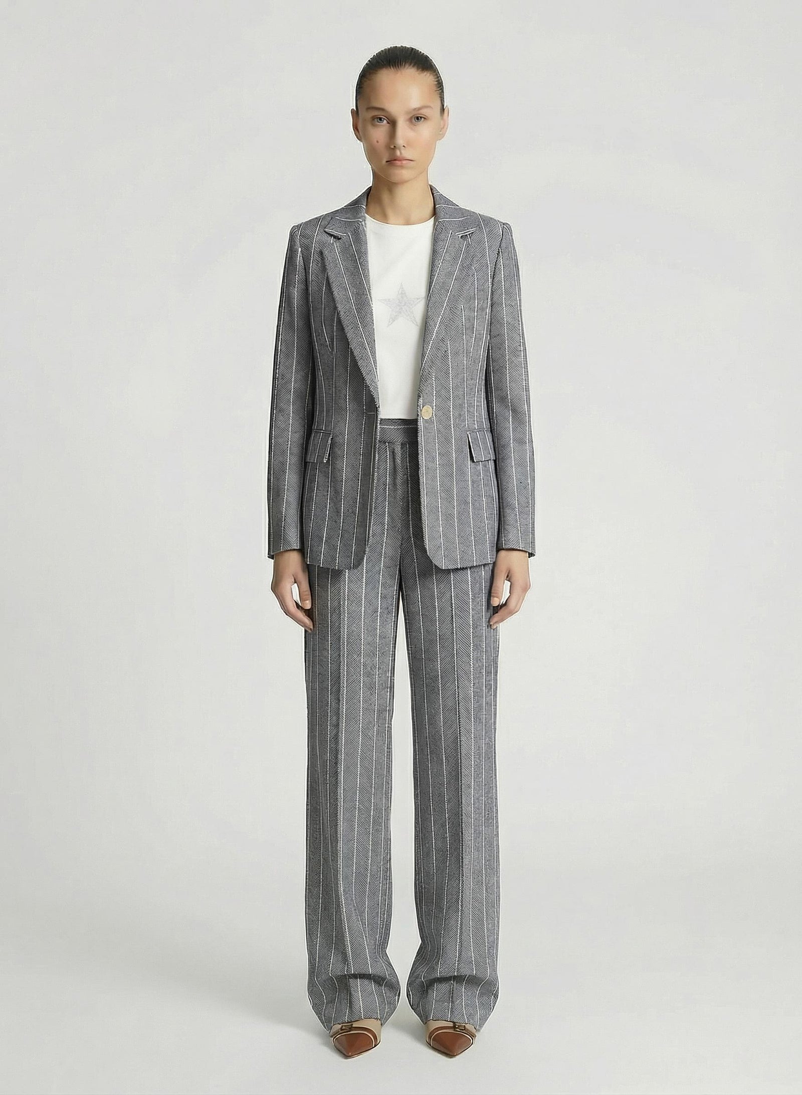COTTON AND LINEN HERRINGBONE PINSTRIPED TAILORED PANTS