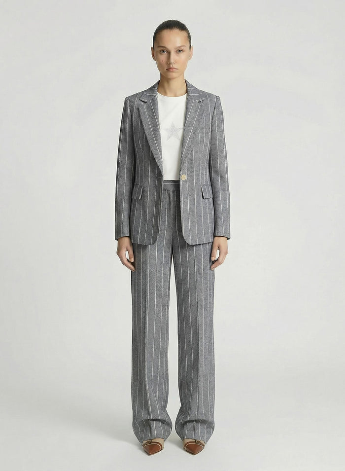 COTTON AND LINEN HERRINGBONE PINSTRIPED TAILORED PANTS