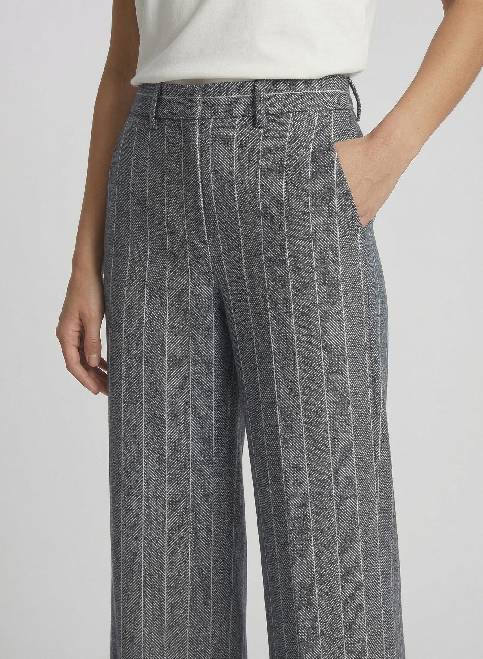 COTTON AND LINEN HERRINGBONE PINSTRIPED TAILORED PANTS