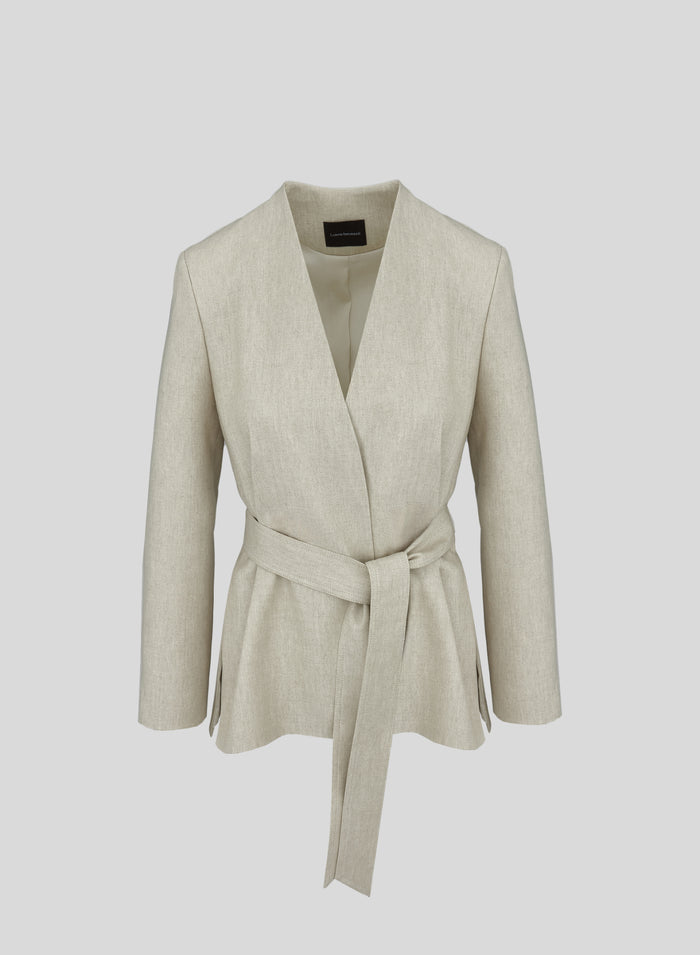 LINEN AND VISCOSE MELANGE BLEND WRAP JACKET WITH BELT
