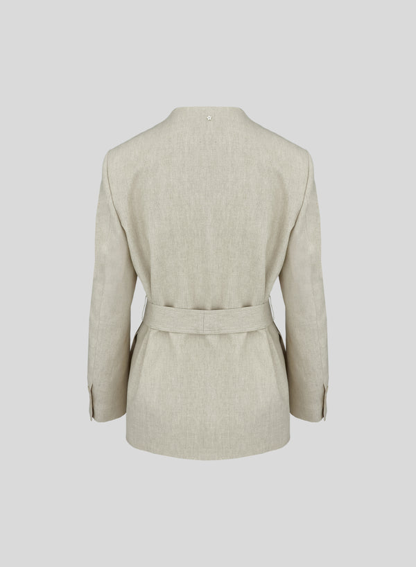 LINEN AND VISCOSE MELANGE BLEND WRAP JACKET WITH BELT