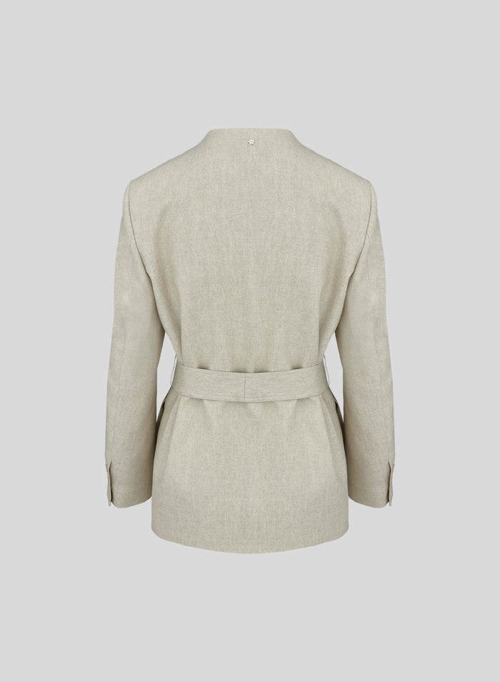 LINEN AND VISCOSE MELANGE BLEND WRAP JACKET WITH BELT