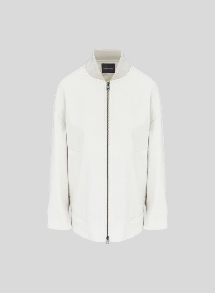 STRETCH LINEN AND VISCOSE BOMBER JACKET WITH EMBROIDERY