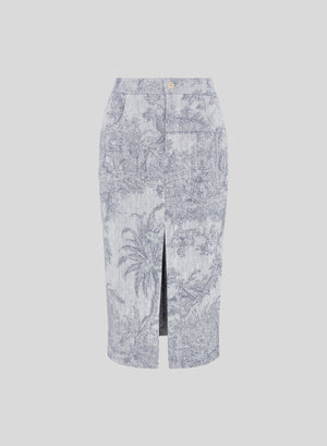 GONNA MIDI IN COTONE E LINO CON STAMPA JACQUARD TOILE DE JOUY