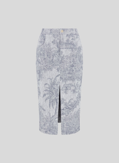 GONNA MIDI IN COTONE E LINO CON STAMPA JACQUARD TOILE DE JOUY