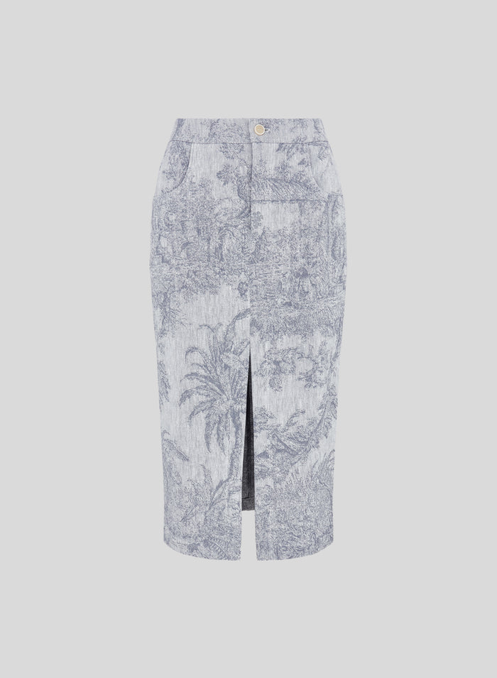 COTTON AND LINEN MIDI SKIRT WITH TOILE DE JOUY JACQUARD PRINT