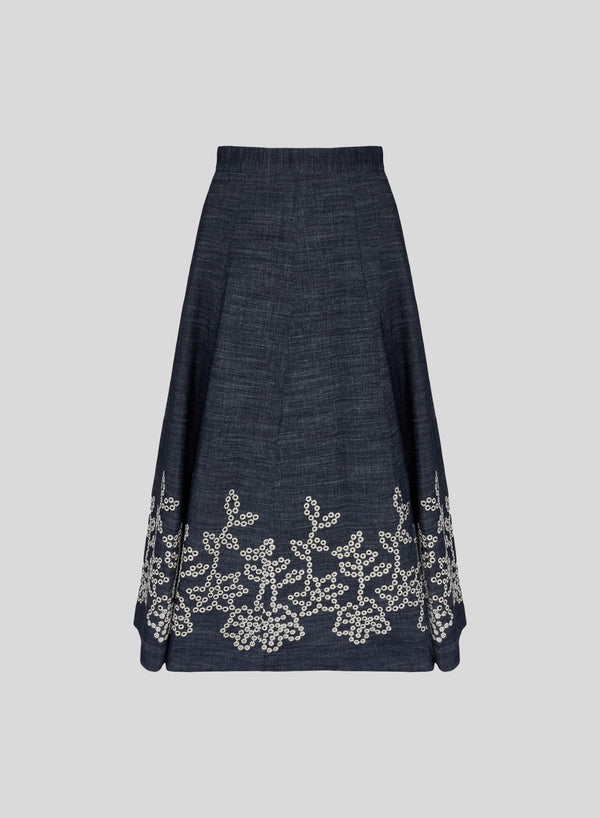 GONNA MIDI A RUOTA IN DENIM FLUIDO