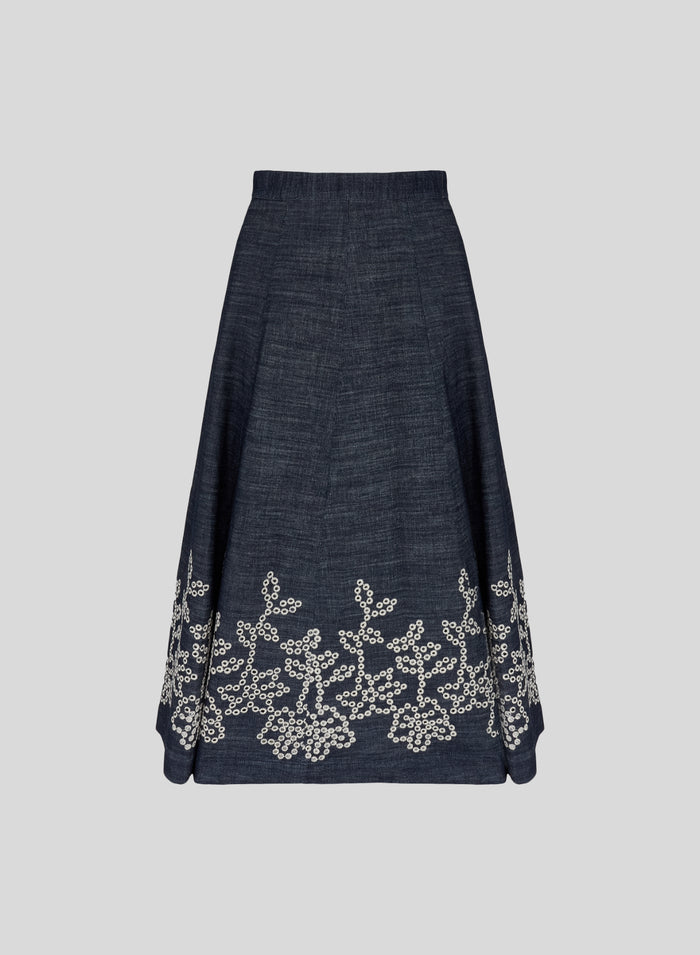 GONNA MIDI A RUOTA IN DENIM FLUIDO