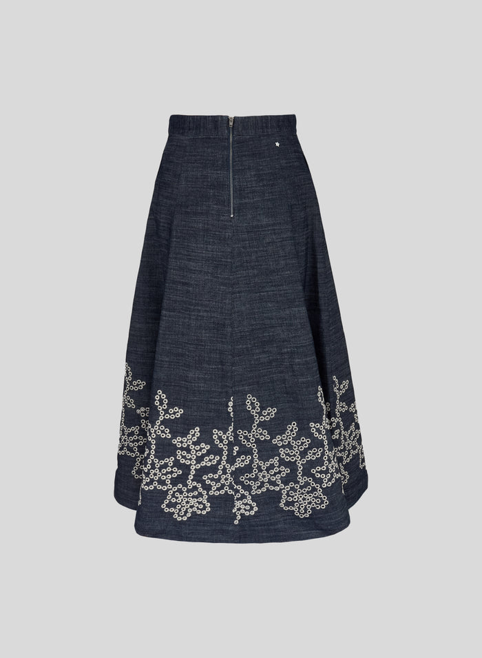FLUID DENIM A-LINE MIDI SKIRT