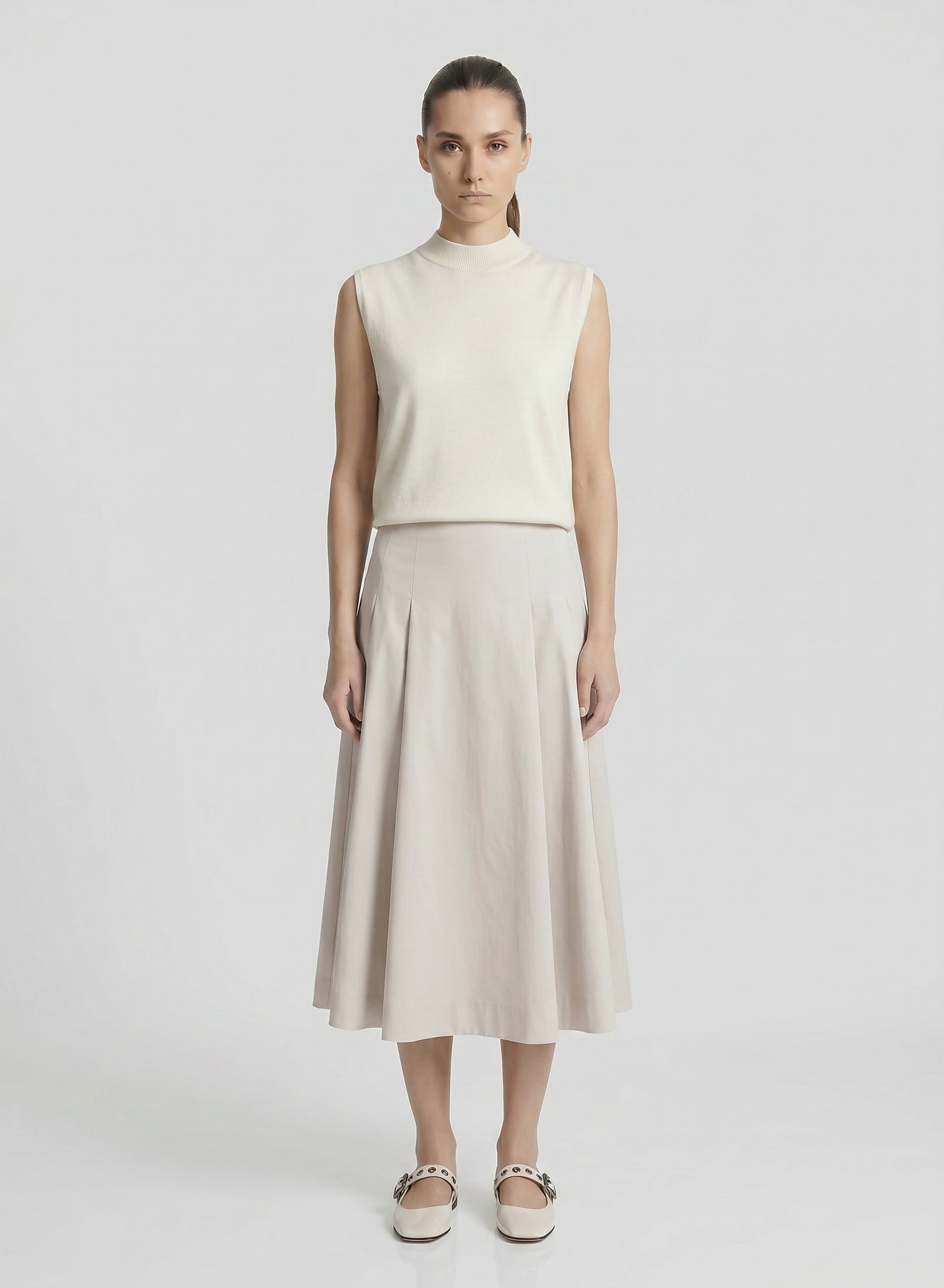 STRETCH COTTON POPLIN PLEATED MIDI SKIRT