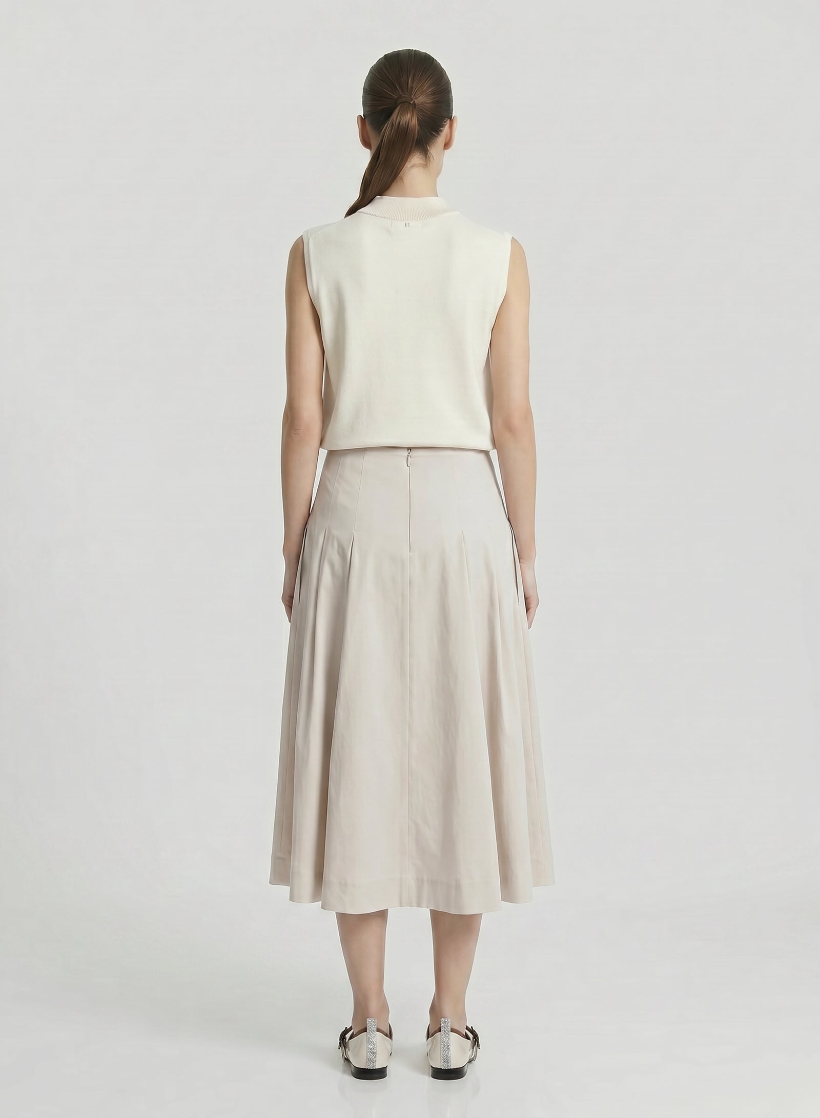 STRETCH COTTON POPLIN PLEATED MIDI SKIRT