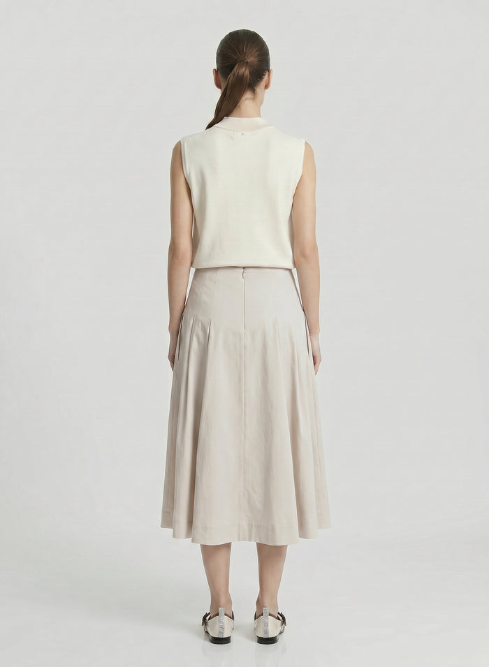 STRETCH COTTON POPLIN PLEATED MIDI SKIRT