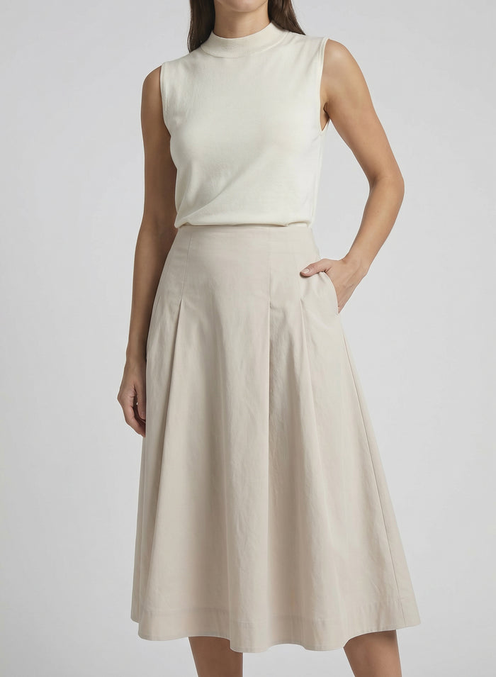 STRETCH COTTON POPLIN PLEATED MIDI SKIRT