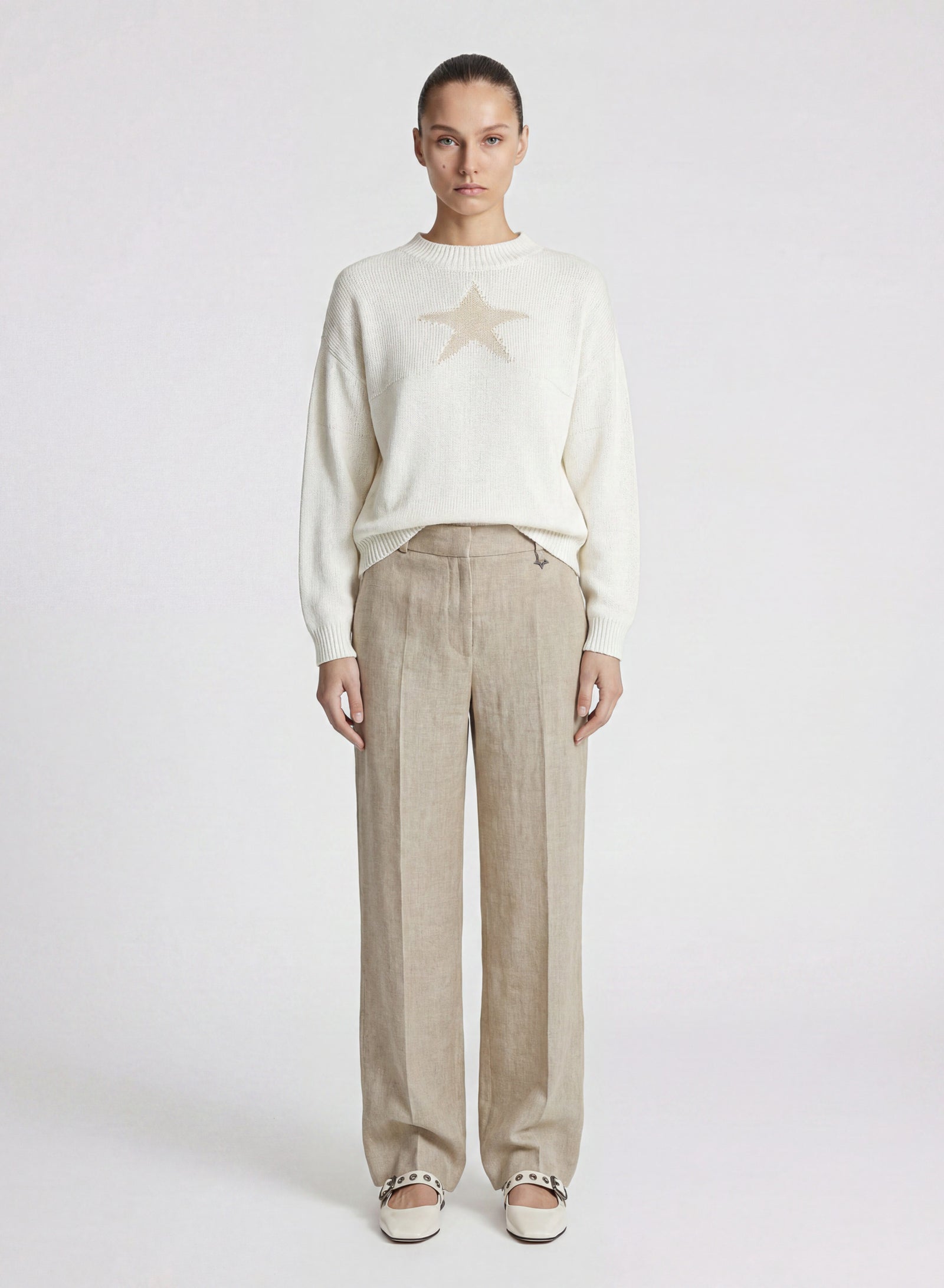 COTTON, LINEN AND SILK CREW NECK SWEATER WITH INTARSIA STAR DESIGN